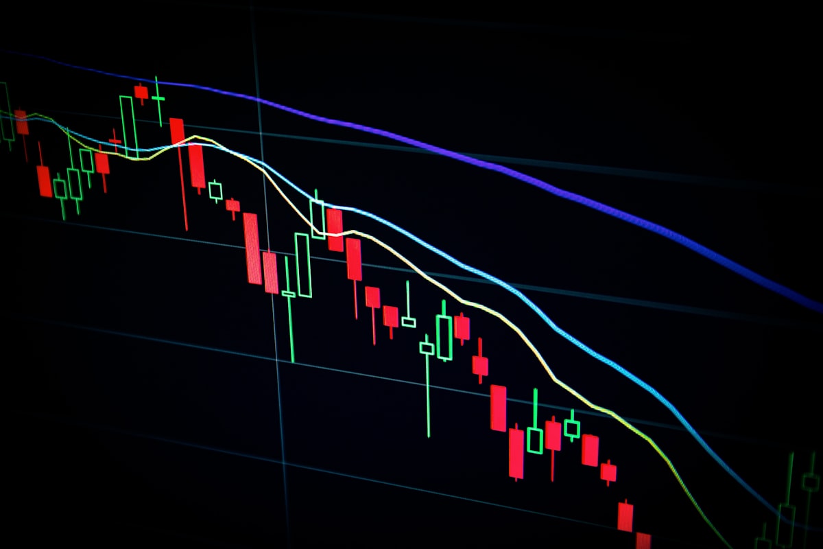 A candlestick price chart with moving-average lines on a dark monitor